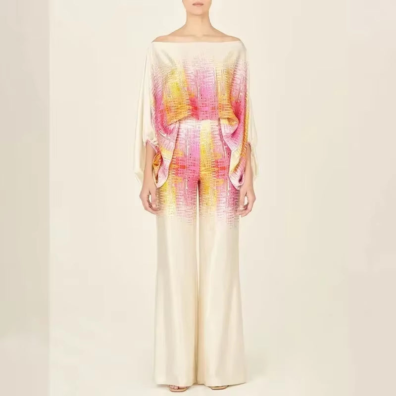 2024 New Office Women'S 2-Piece Set New Casual Wide Leg Pants Set Printed Satin Set Lantern Sleeves off Shoulder Long Sleeve