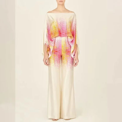 2024 New Office Women'S 2-Piece Set New Casual Wide Leg Pants Set Printed Satin Set Lantern Sleeves off Shoulder Long Sleeve