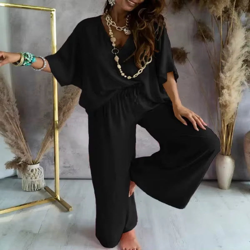 Summer White Two Piece Set for Women V Neck Bat Sleeve Top Casual Loose Lace up Wide-Leg Pants 2 Piece Suit Home Outfits Women'S