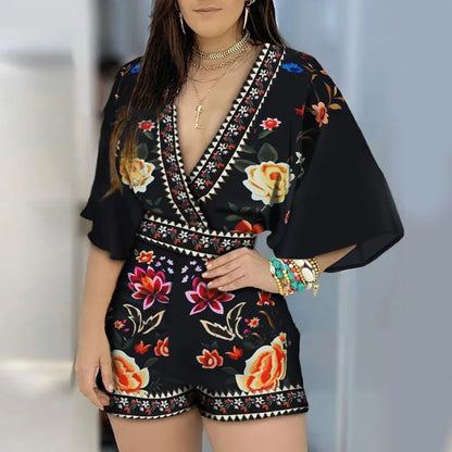 3/4 Sleeve Casual Floral Print Backless Jumpsuit