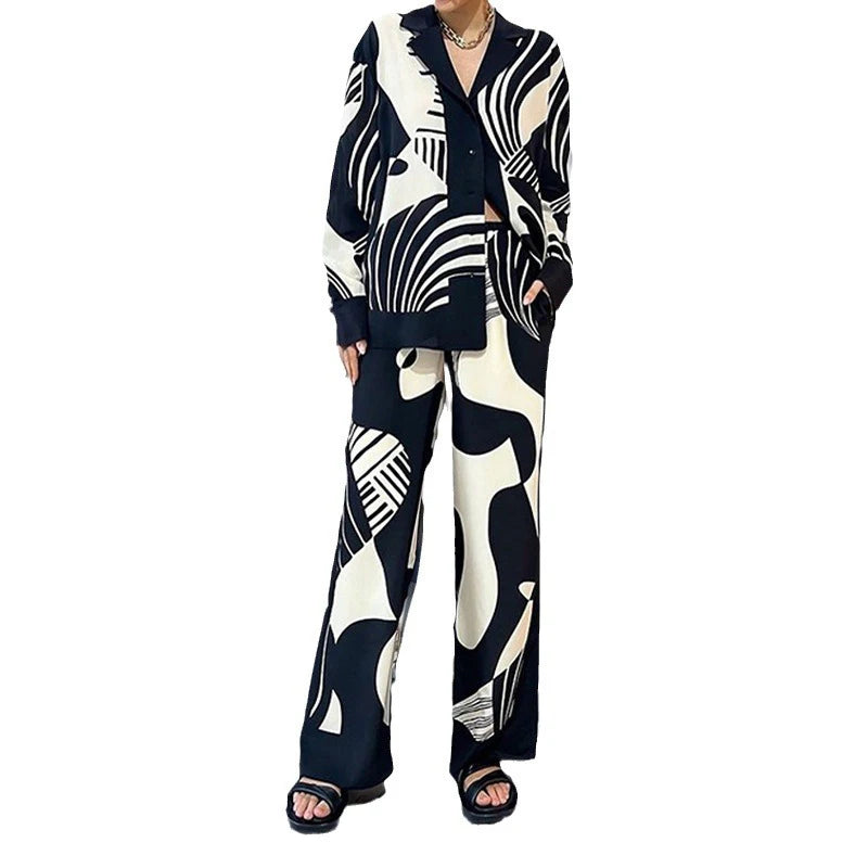 Long Sleeved Chic Lapel Blouse & Straight Pants Set