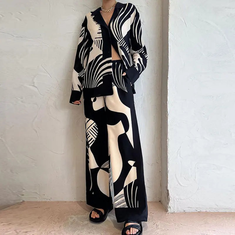 Long Sleeved Chic Lapel Blouse & Straight Pants Set