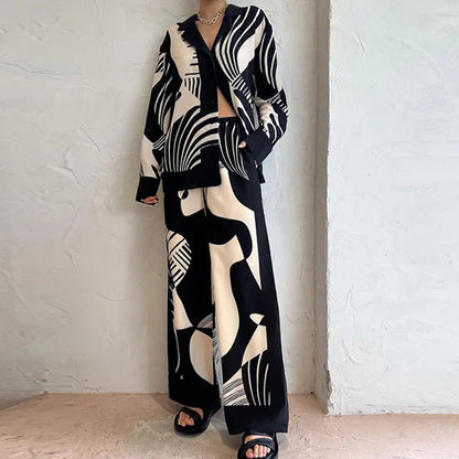 Long Sleeved Chic Lapel Blouse & Straight Pants Set