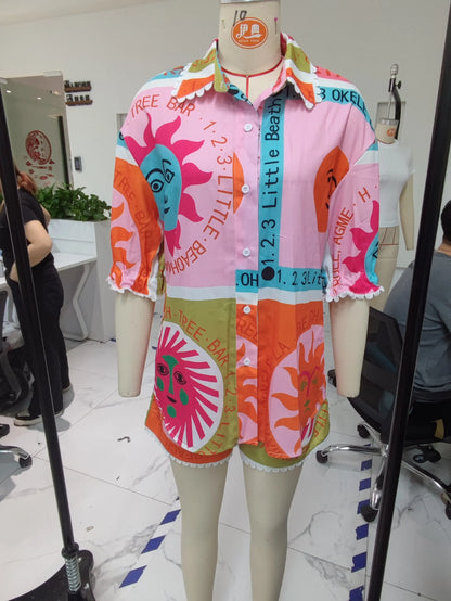 Short Sleeve Vintage Sun Print Top & Shorts