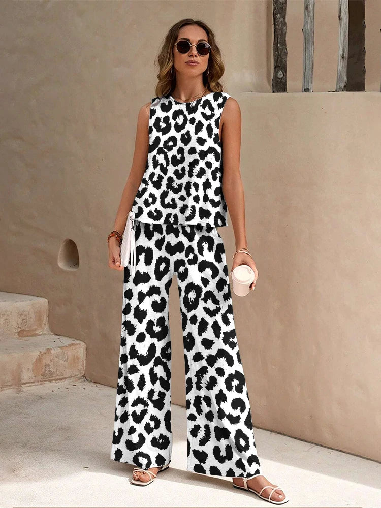 Casual Summer Leopard Print Top and Pant Set