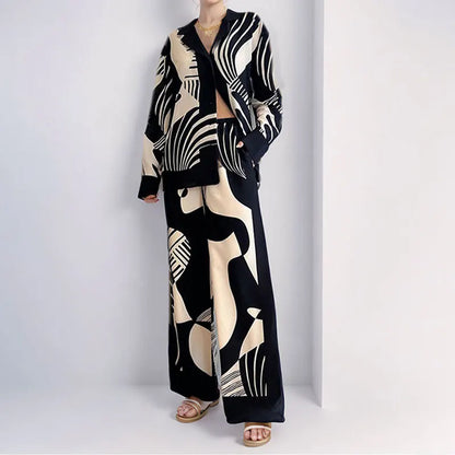 Long Sleeved Chic Lapel Blouse & Straight Pants Set