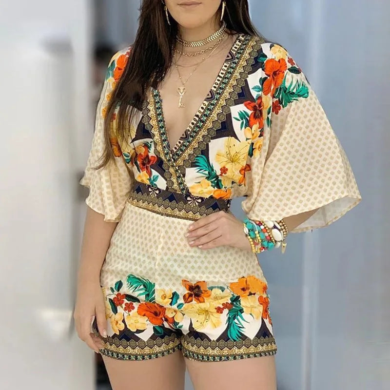3/4 Sleeve Casual Floral Print Backless Jumpsuit