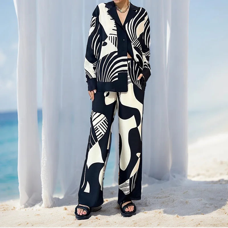 Long Sleeved Chic Lapel Blouse & Straight Pants Set