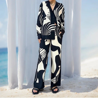 Long Sleeved Chic Lapel Blouse & Straight Pants Set