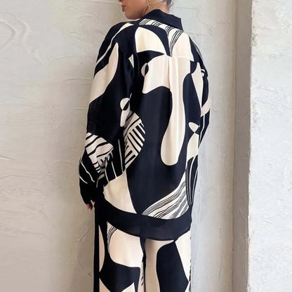 Long Sleeved Chic Lapel Blouse & Straight Pants Set