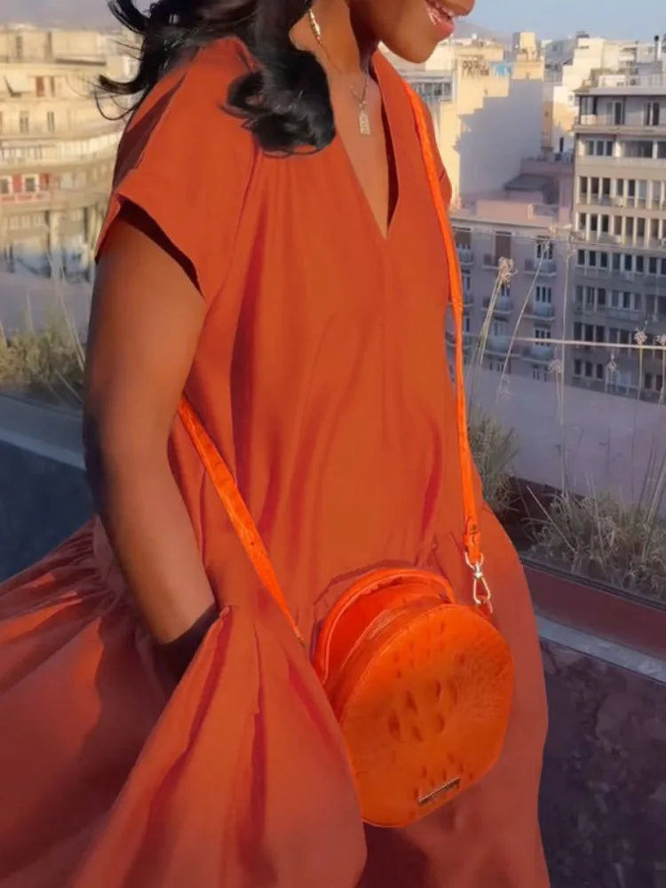 Solid Color V-Neck Loose A-Line Dress