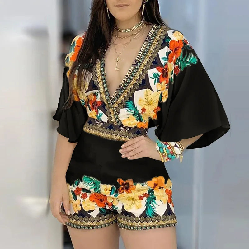 3/4 Sleeve Casual Floral Print Backless Jumpsuit