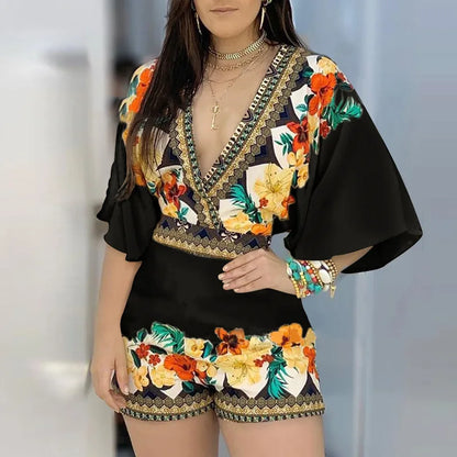 3/4 Sleeve Casual Floral Print Backless Jumpsuit