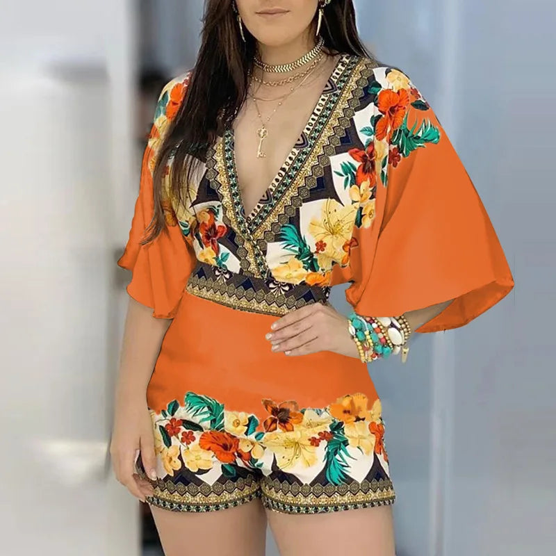 3/4 Sleeve Casual Floral Print Backless Jumpsuit