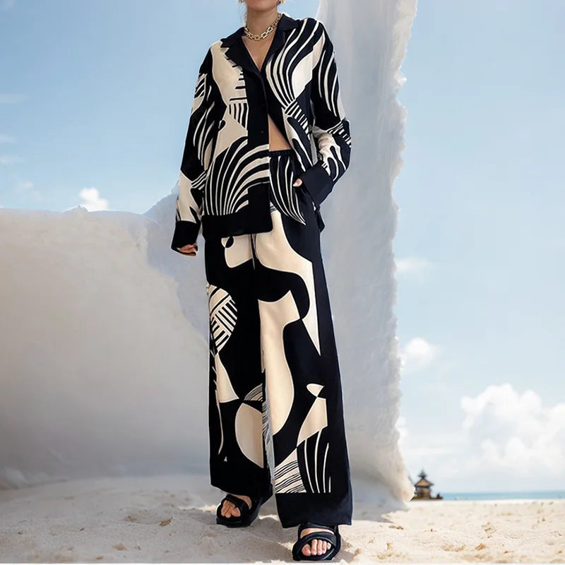 Long Sleeved Chic Lapel Blouse & Straight Pants Set