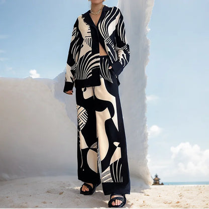 Long Sleeved Chic Lapel Blouse & Straight Pants Set