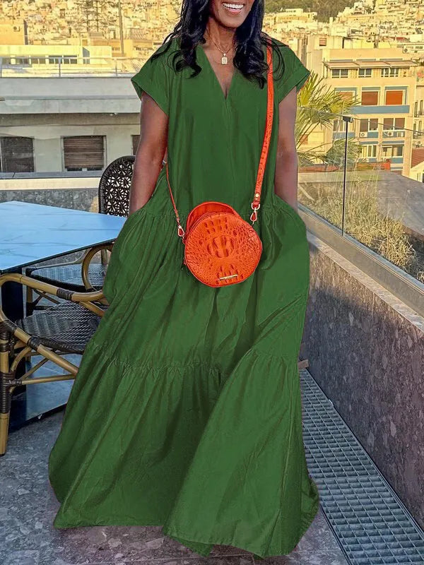 Solid Color V-Neck Loose A-Line Dress