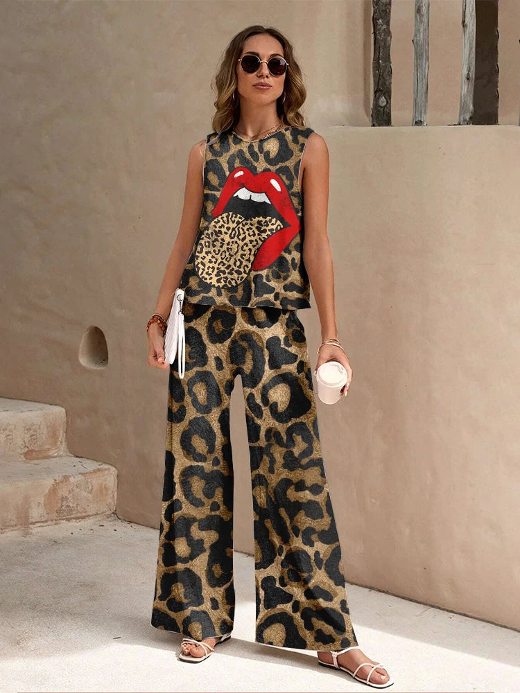 Casual Summer Leopard Print Top and Pant Set
