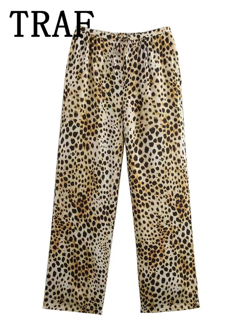 TRAF Leopard Printed Pants Sets for Women 2 Pieces 2024 New Fashion Thin Straps Top Women Suit Casual Two Piece Set Women Outfit