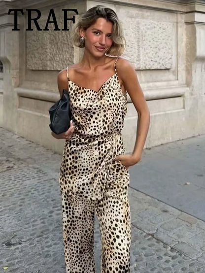 TRAF Leopard Printed Pants Sets for Women 2 Pieces 2024 New Fashion Thin Straps Top Women Suit Casual Two Piece Set Women Outfit