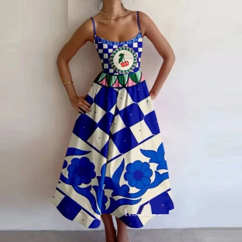 U-Neck Fish and Shrimp Print Pleated Waist Dress 