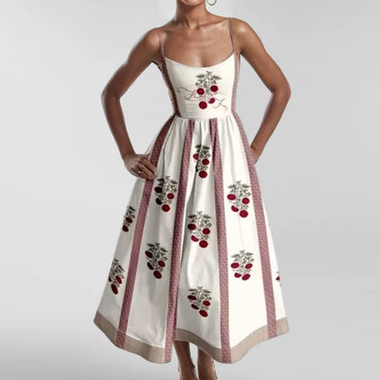 U-Neck Fish and Shrimp Print Pleated Waist Dress 