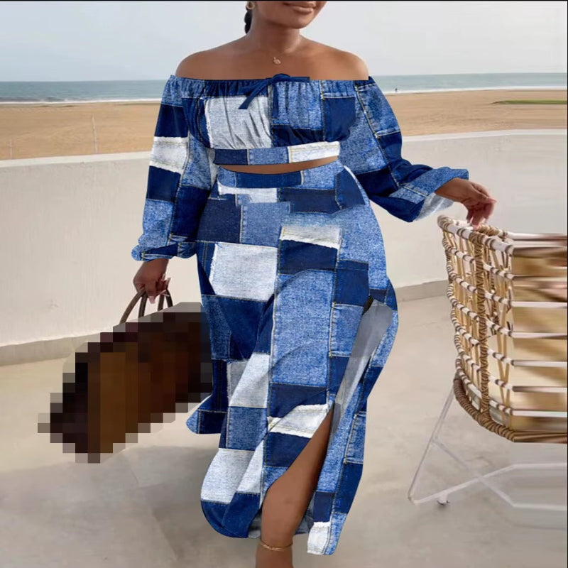 Casual off Shoulder Split Loose Long Skirt Set