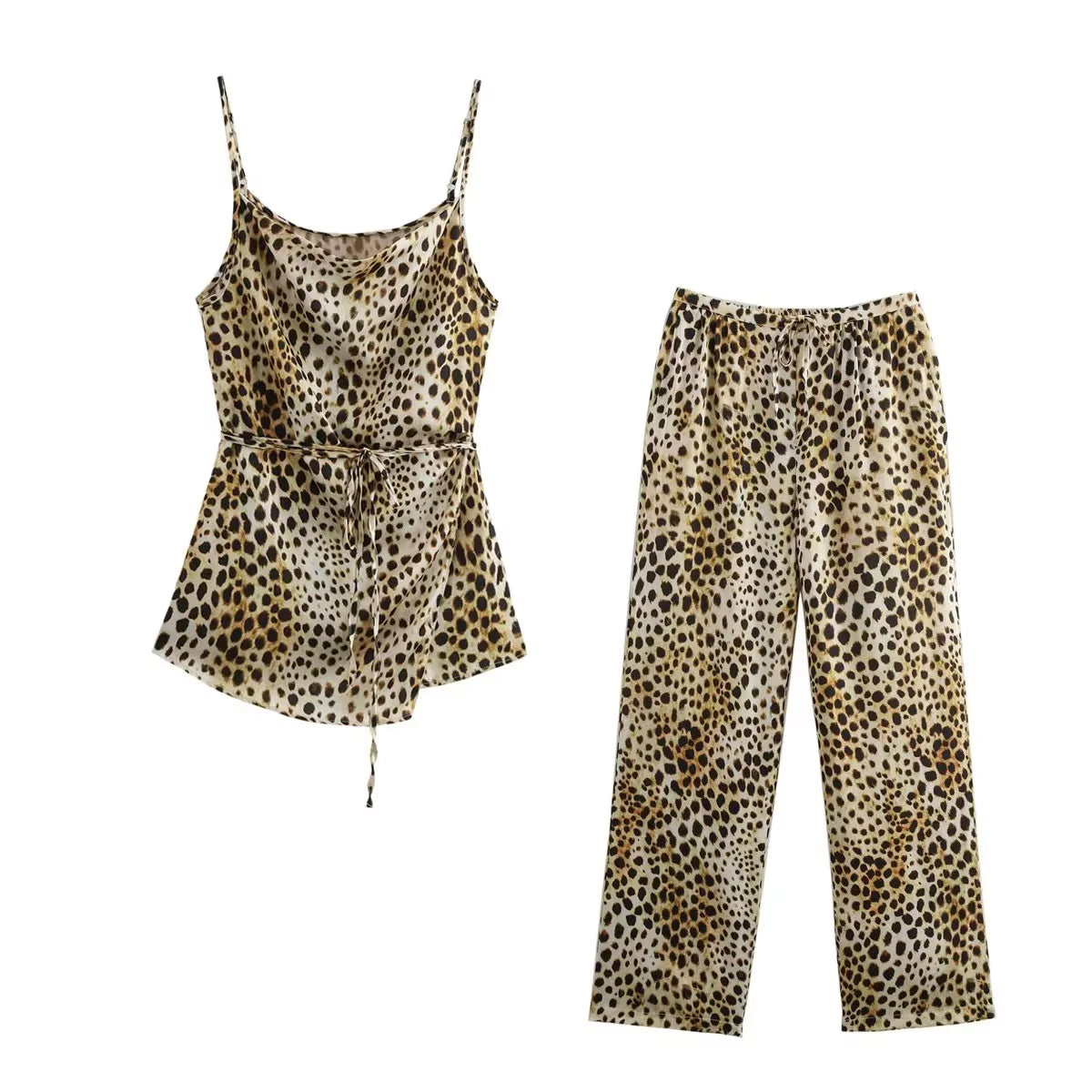 TRAF Leopard Printed Pants Sets for Women 2 Pieces 2024 New Fashion Thin Straps Top Women Suit Casual Two Piece Set Women Outfit