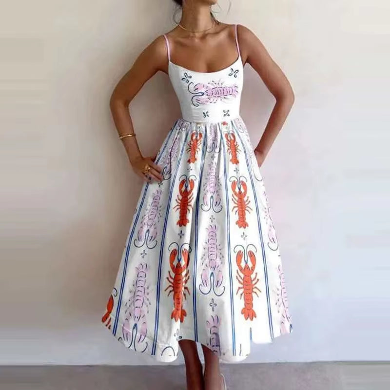 U-Neck Fish and Shrimp Print Pleated Waist Dress 
