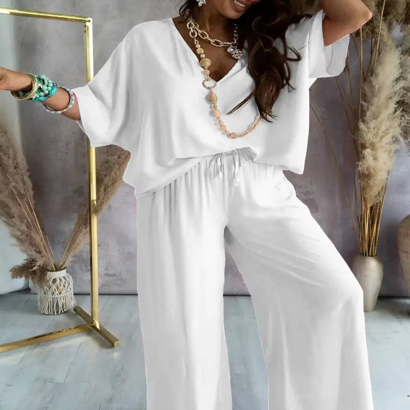 Summer White Two Piece Set for Women V Neck Bat Sleeve Top Casual Loose Lace up Wide-Leg Pants 2 Piece Suit Home Outfits Women'S