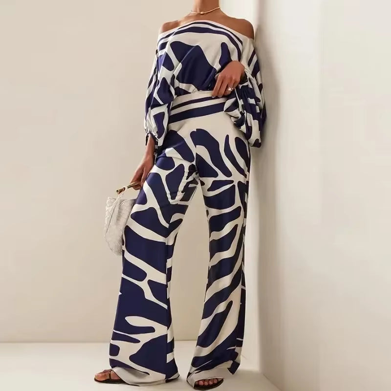 2024 New Office Women'S 2-Piece Set New Casual Wide Leg Pants Set Printed Satin Set Lantern Sleeves off Shoulder Long Sleeve