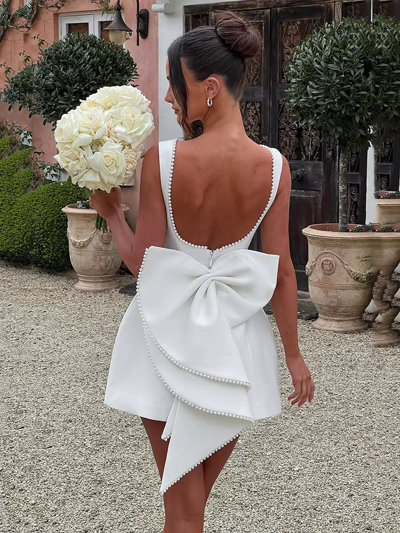 Pearl Bow Backless Sexy Mini Dress for Women Robe Fashion Zipper Sleeveless High Waist A-Line Club Party Dress Elegant