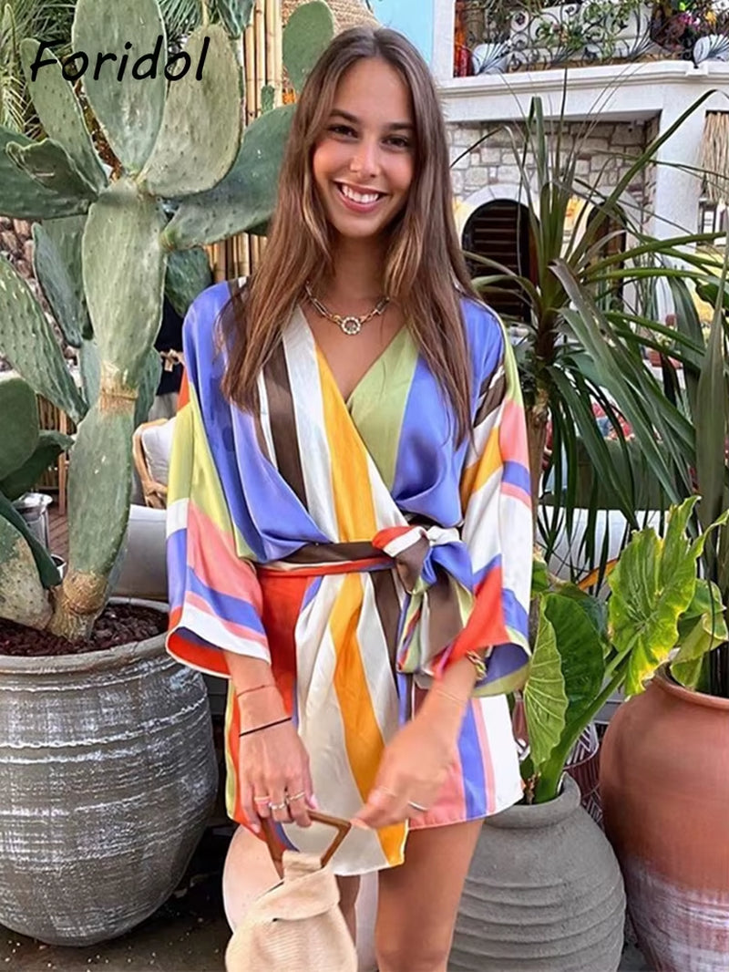 Casual Satin V Neck Stripe Women Romper