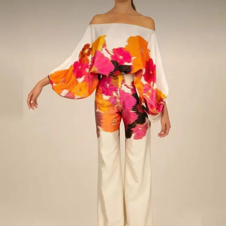 2024 New Office Women'S 2-Piece Set New Casual Wide Leg Pants Set Printed Satin Set Lantern Sleeves off Shoulder Long Sleeve