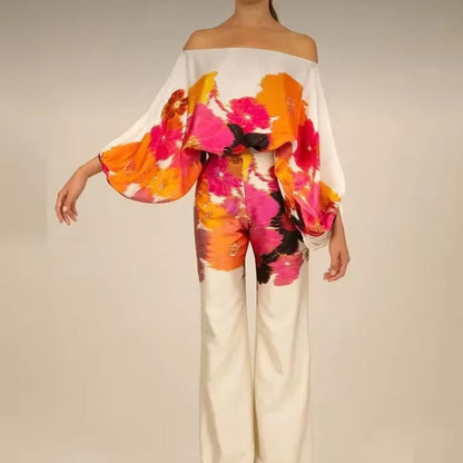 2024 New Office Women'S 2-Piece Set New Casual Wide Leg Pants Set Printed Satin Set Lantern Sleeves off Shoulder Long Sleeve