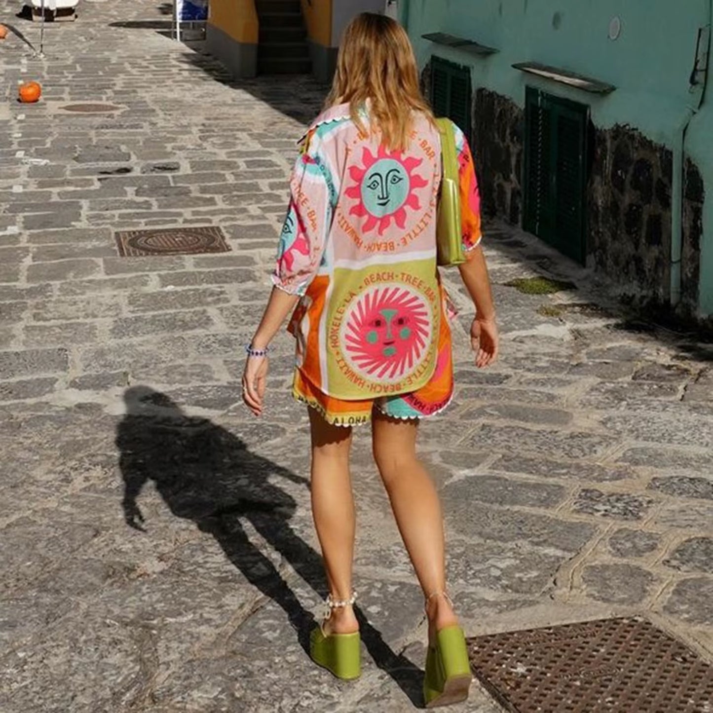 Short Sleeve Vintage Sun Print Top & Shorts