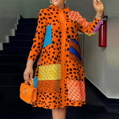 Long Sleeve Leopard Lapel Printed Dress
