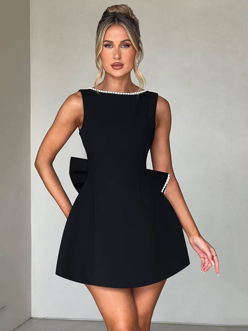 Pearl Bow Backless Sexy Mini Dress for Women Robe Fashion Zipper Sleeveless High Waist A-Line Club Party Dress Elegant