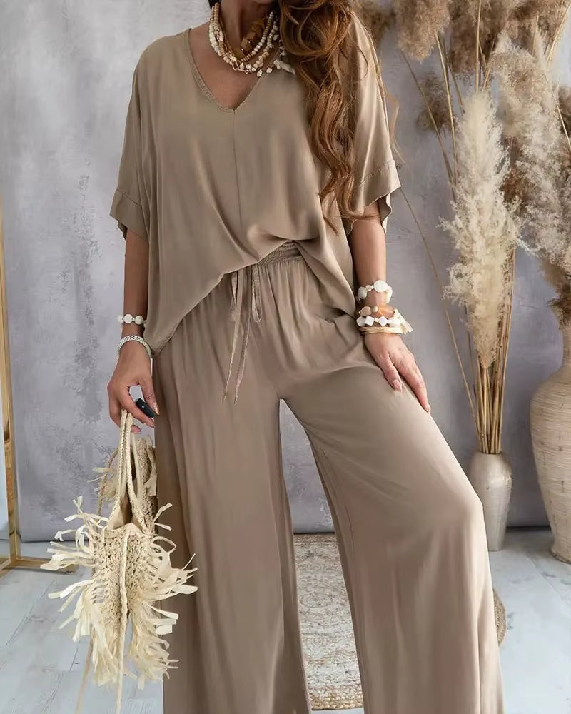 Summer White Two Piece Set for Women V Neck Bat Sleeve Top Casual Loose Lace up Wide-Leg Pants 2 Piece Suit Home Outfits Women'S