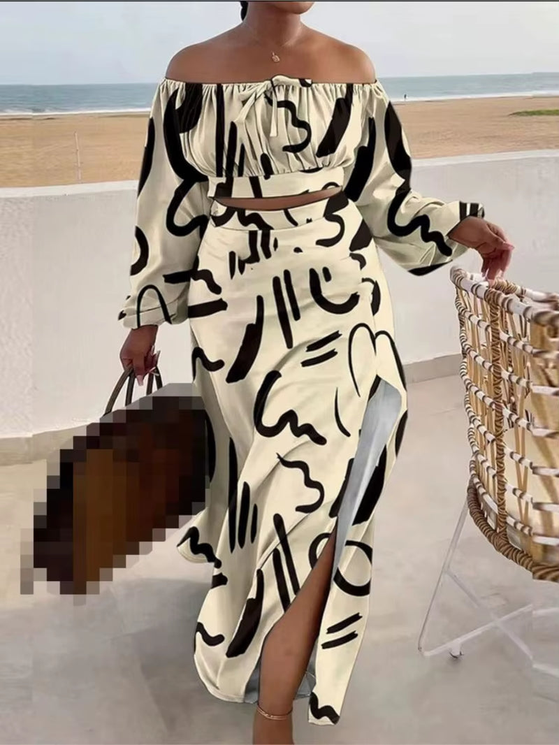 Casual off Shoulder Split Loose Long Skirt Set