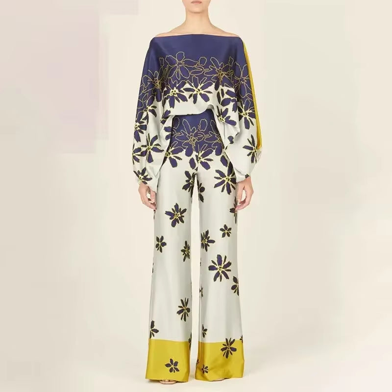 2024 New Office Women'S 2-Piece Set New Casual Wide Leg Pants Set Printed Satin Set Lantern Sleeves off Shoulder Long Sleeve