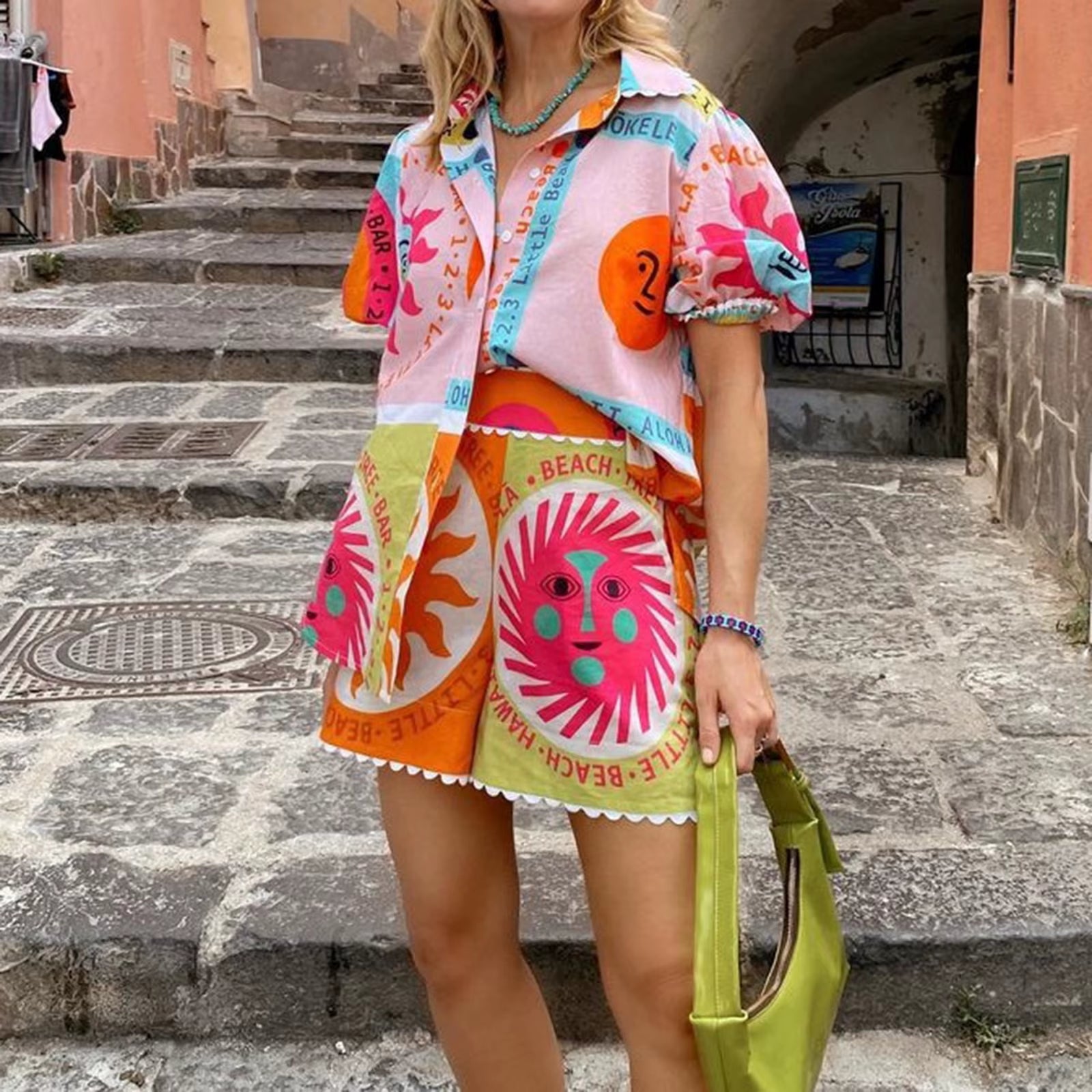 Short Sleeve Vintage Sun Print Top & Shorts