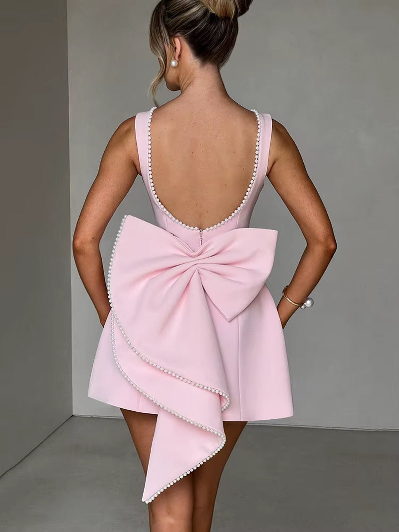Pearl Bow Backless Sexy Mini Dress for Women Robe Fashion Zipper Sleeveless High Waist A-Line Club Party Dress Elegant