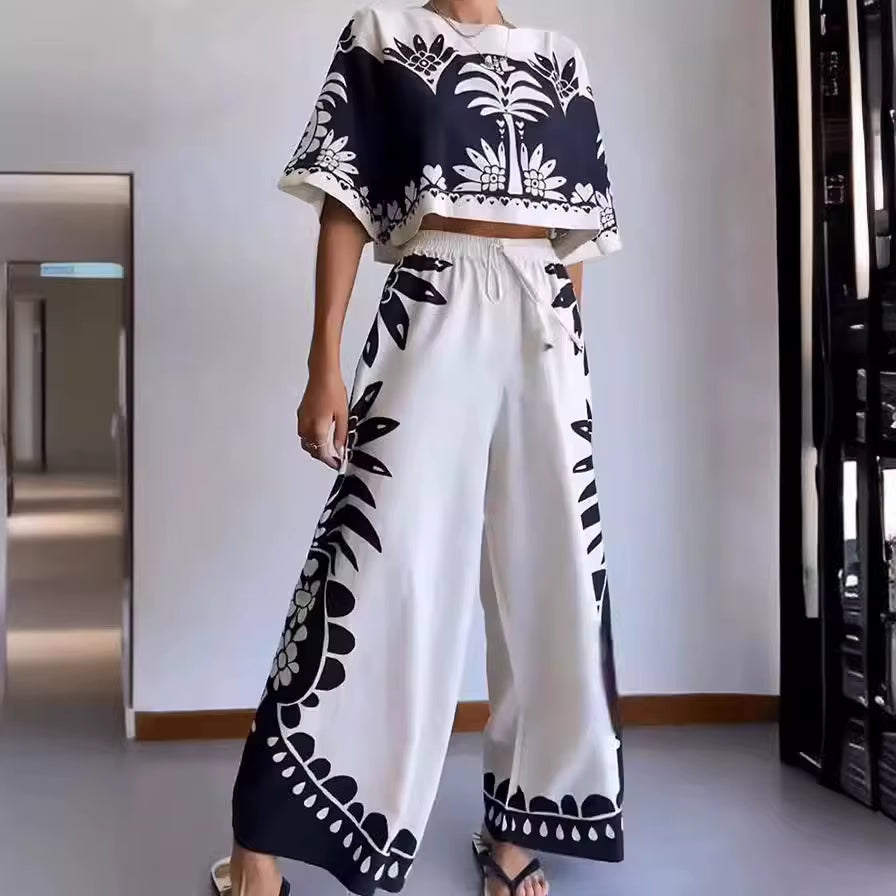 Casual O Neck Elegant Printed Loose Pants Sets