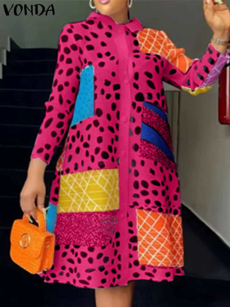 Long Sleeve Leopard Lapel Printed Dress