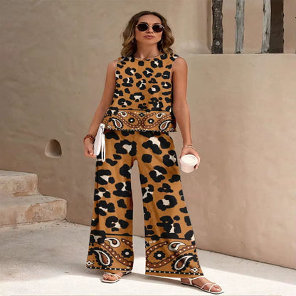 Casual Summer Leopard Print Top and Pant Set