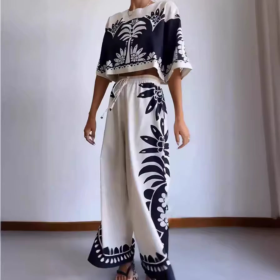 Casual O Neck Elegant Printed Loose Pants Sets
