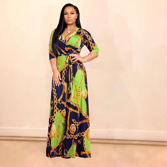 Women Sexy Bodycon Beach Bohemian Maxi Splicing Floral Print Dress for Women Casual Summer Sundress V-Neck 3/4 Sleeve