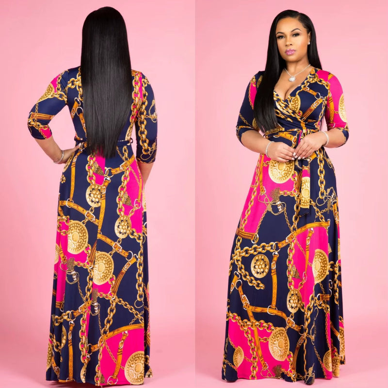 Women Sexy Bodycon Beach Bohemian Maxi Splicing Floral Print Dress for Women Casual Summer Sundress V-Neck 3/4 Sleeve
