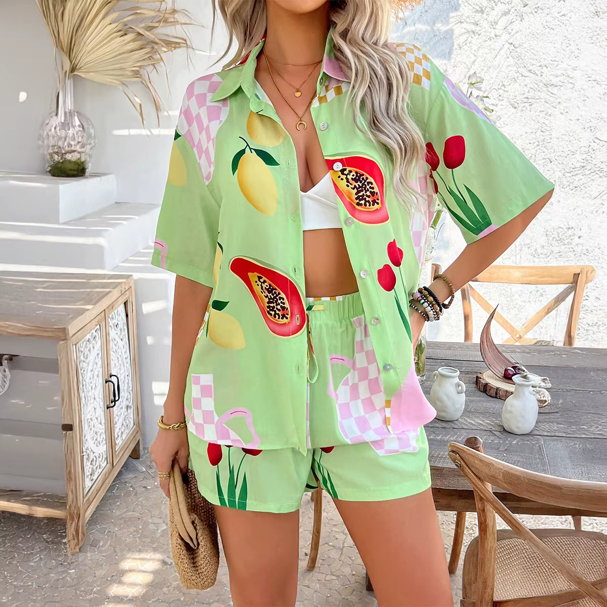 Summer Pomichian Print Cardigan + Short Set
